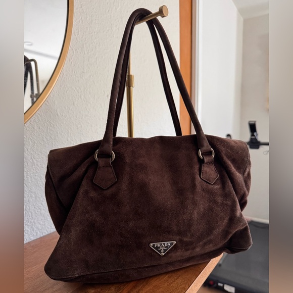 Prada Vintage Scamosciato Brown Suede Shoulder Bag Silver Hardware Push Lock - Picture 5 of 16